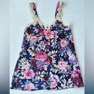 Vintage Angelique Multicolor Satin Lace‎ Slip Dress Nighty Gown Lingerie Medium